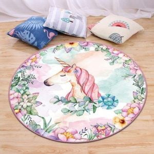 Runder Teppich <br> Einhorn & Blumen