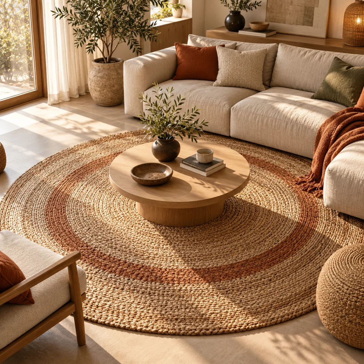 Wohnzimmer im Japandi-Stil mit großem rundem Juteteppich in Sand- und Terrakottatönen